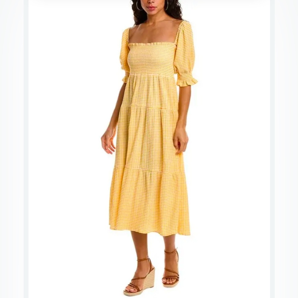 opt Women Yellow Frankie Gingham Print Square Neck Puff Sleeve Midi Dress Size S